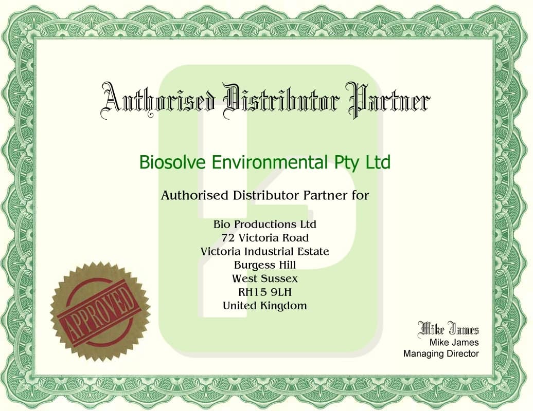 Authorised Distributor Partner certificate — BioSolve Environmental Pty Ltd for Bio Productions Ltd, UK