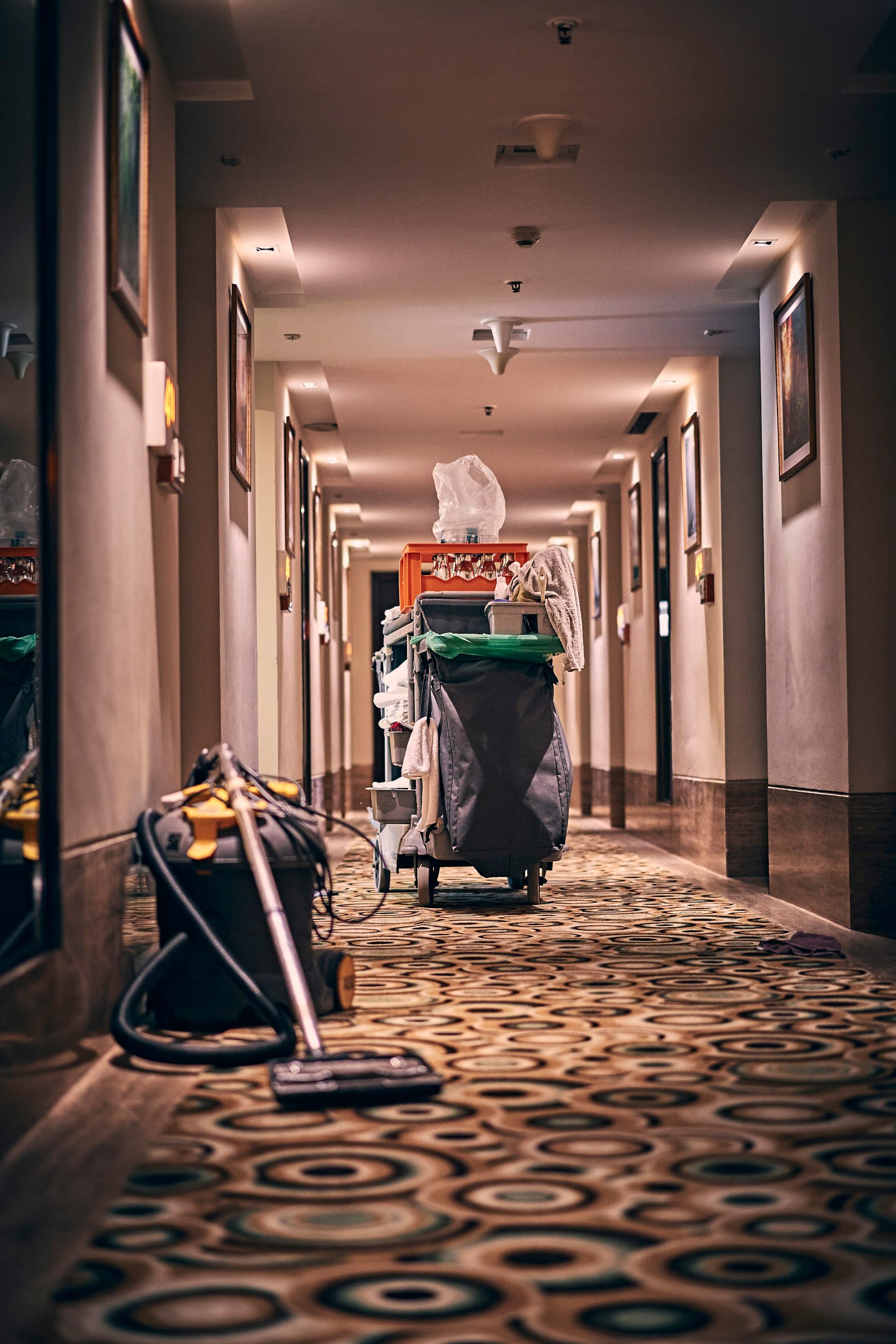 Hotel housekeeping cart in a corridor